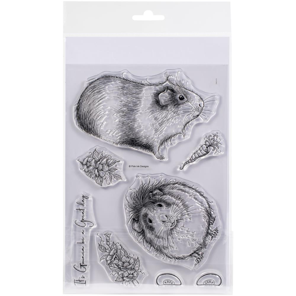 Guinea Wig - by Pink Ink Designs (Pi109) ... Set of 8 clear cling stamps to use in papercrafts, scrapbooking, cardmaking, textile arts and other crafty projects. 
This beautiful set of stamps features a fun pair of guinea pigs, one facing sideways and the other facing forwards (looking right at you! lol). With this adorable pair are flowers, fruit, a carrot (or parsnip) and text in a stylish script - it's guinea be a great day.