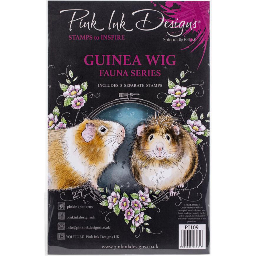 Guinea Wig - by Pink Ink Designs (Pi109) ... Set of 8 clear cling stamps to use in papercrafts, scrapbooking, cardmaking, textile arts and other crafty projects. 
This beautiful set of stamps features a fun pair of guinea pigs, one facing sideways and the other facing forwards (looking right at you! lol). With this adorable pair are flowers, fruit, a carrot (or parsnip) and text in a stylish script - it's guinea be a great day.