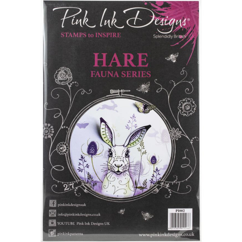 Hare - by Pink Ink Designs (Pi002) ... Set of 11 clear cling stamps to use in papercrafts, scrapbooking, cardmaking, textile arts and other crafty projects. 
This beautiful set is one of Pink Ink Design's originals and features a wonderful portrait of a hare with long ears and whiskers with a delightful look on her/his face. Other stamps include running hares (or rabbits) with butterflies, leaves and thistles.