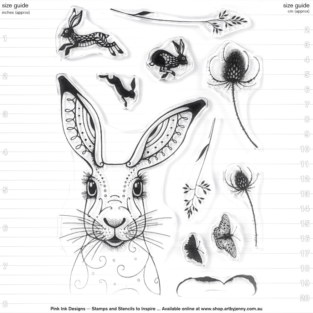 Hare - by Pink Ink Designs (Pi002) ... Set of 11 clear cling stamps to use in papercrafts, scrapbooking, cardmaking, textile arts and other crafty projects.
This beautiful set is one of Pink Ink Design's originals and features a wonderful portrait of a hare with long ears and whiskers with a delightful look on her/his face. Other stamps include running hares (or rabbits) with butterflies, leaves and thistles.