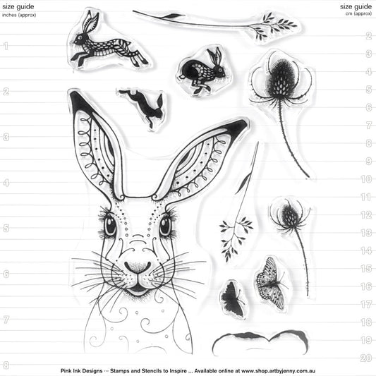 Hare - by Pink Ink Designs (Pi002) ... Set of 11 clear cling stamps to use in papercrafts, scrapbooking, cardmaking, textile arts and other crafty projects. 
This beautiful set is one of Pink Ink Design's originals and features a wonderful portrait of a hare with long ears and whiskers with a delightful look on her/his face. Other stamps include running hares (or rabbits) with butterflies, leaves and thistles.