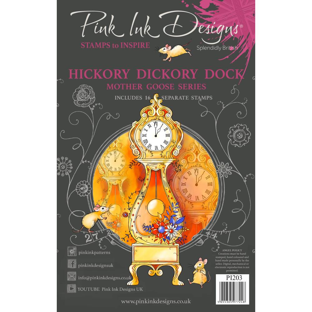 Hickory Dickory Dock - by Pink Ink Designs (Pi203) ... Set of 16 clear cling stamps (Mother Goose series) to use in papercrafts, scrapbooking, cardmaking, textile arts and other crafty projects. This beautiful set of stamps features a tall Grandfather clock in two sizes with a family of adorable mice, clock face in Roman numerals, clock hands, and other elements. Two phrases include 'Hickory Dickory Dock, It's Friday so wine o'clock' and 'tiktok Queen'.