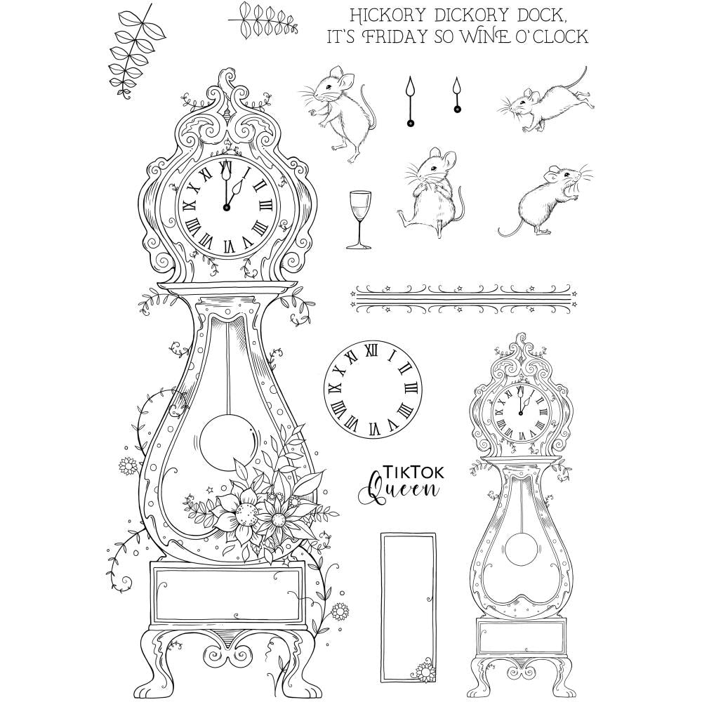 Hickory Dickory Dock - by Pink Ink Designs (Pi203) ... Set of 16 clear cling stamps (Mother Goose series) to use in papercrafts, scrapbooking, cardmaking, textile arts and other crafty projects. 
This timely set of stamps features a gorgeous tall Grandfather clock in two sizes with a family of four adorable mice, clock face in Roman numerals, clock hands, and other elements.