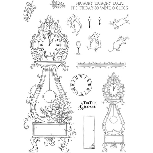 Hickory Dickory Dock - by Pink Ink Designs (Pi203) ... Set of 16 clear cling stamps (Mother Goose series) to use in papercrafts, scrapbooking, cardmaking, textile arts and other crafty projects. 
This timely set of stamps features a gorgeous tall Grandfather clock in two sizes with a family of four adorable mice, clock face in Roman numerals, clock hands, and other elements.