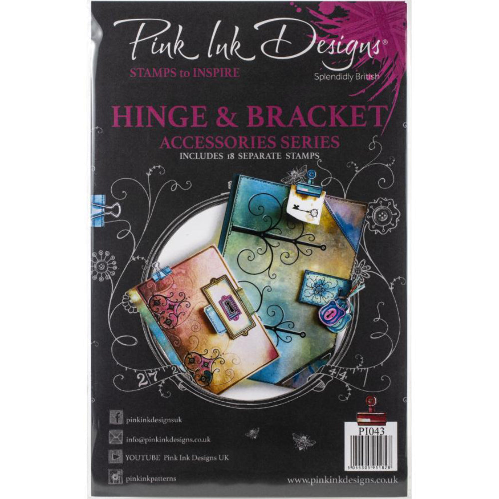 Hinge and Bracket by Pink Ink Designs (Pi043) ... Set of 18 clear cling stamps to use in papercrafts, scrapbooking, cardmaking, textile arts and other crafty projects. 
This stamp set features a selection of brackets, hinges, locks, key holes, keys and stationery clips. Pink Ink Designs stamps are perfect to make art for any occasion including birthdays, thank yous, hellos, sending hugs, Christmas and Birthdays, any theme, any time of year - any excuse to create!