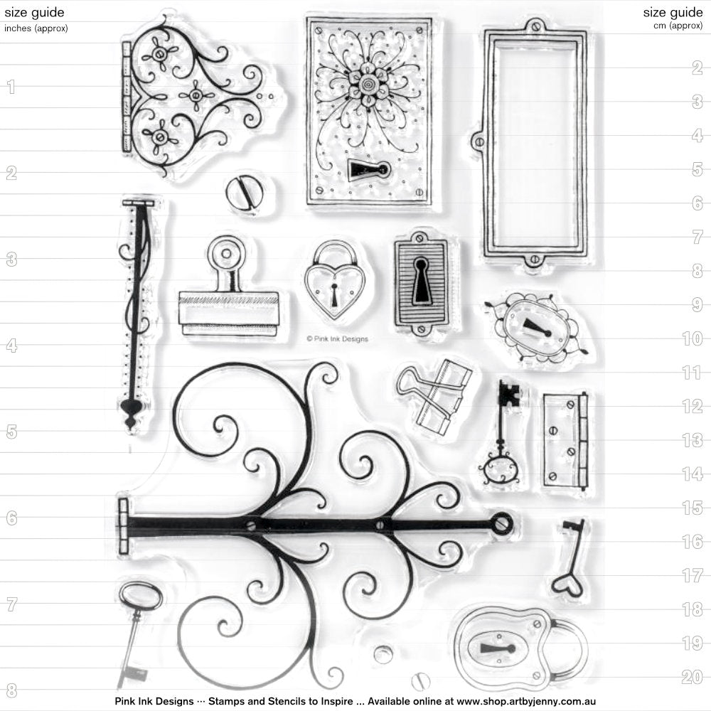 Hinge and Bracket by Pink Ink Designs (Pi043) ... Set of 18 clear cling stamps to use in papercrafts, scrapbooking, cardmaking, textile arts and other crafty projects. 
This stamp set features a selection of brackets, hinges, locks, key holes, keys and stationery clips. Pink Ink Designs stamps are perfect to make art for any occasion including birthdays, thank yous, hellos, sending hugs, Christmas and Birthdays, any theme, any time of year - any excuse to create!
