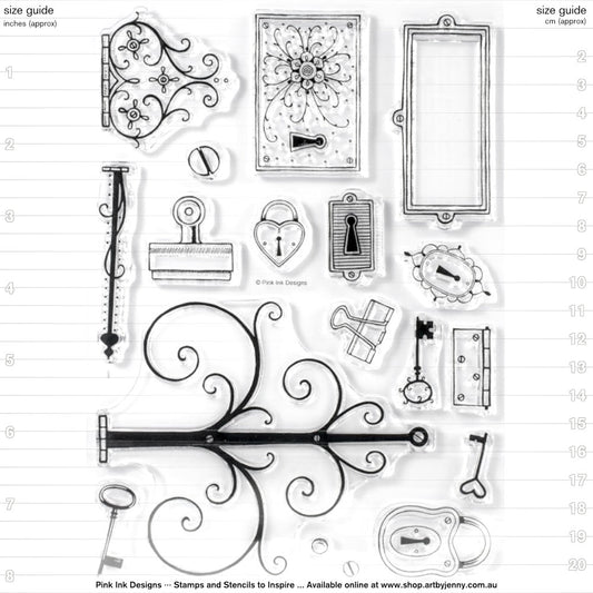 Hinge and Bracket by Pink Ink Designs (Pi043) ... Set of 18 clear cling stamps to use in papercrafts, scrapbooking, cardmaking, textile arts and other crafty projects. 
This stamp set features a selection of brackets, hinges, locks, key holes, keys and stationery clips. Pink Ink Designs stamps are perfect to make art for any occasion including birthdays, thank yous, hellos, sending hugs, Christmas and Birthdays, any theme, any time of year - any excuse to create!