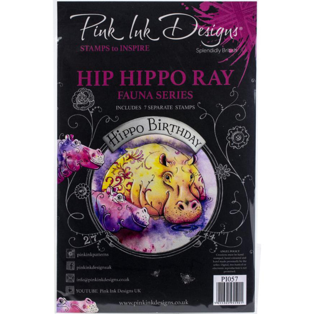Hip Hippo Ray - by Pink Ink Designs (Pi057) ... Set of 7 clear cling stamps to use in papercrafts, scrapbooking, cardmaking, textile arts and other crafty projects. 
This beautiful set of stamps features a wonderful pair of hippopotamuses or hippos with decorative elements and fun phrases - hippo birthday (curved style), dream big and hip hippo ray (hip hip hooray! lol).