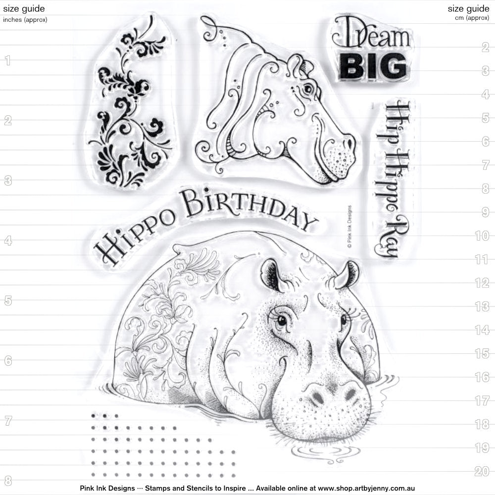 Hip Hippo Ray - by Pink Ink Designs (Pi057) ... Set of 7 clear cling stamps to use in papercrafts, scrapbooking, cardmaking, textile arts and other crafty projects. 
This beautiful set of stamps features a wonderful pair of hippopotamuses or hippos with decorative elements and fun phrases - hippo birthday (curved style), dream big and hip hippo ray (hip hip hooray! lol).