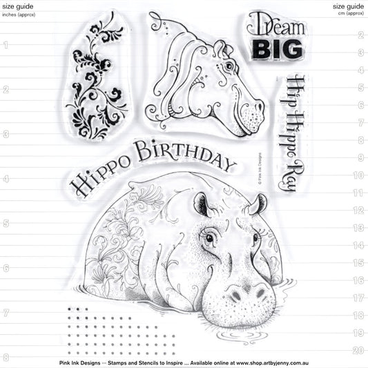 Hip Hippo Ray - by Pink Ink Designs (Pi057) ... Set of 7 clear cling stamps to use in papercrafts, scrapbooking, cardmaking, textile arts and other crafty projects. 
This beautiful set of stamps features a wonderful pair of hippopotamuses or hippos with decorative elements and fun phrases - hippo birthday (curved style), dream big and hip hippo ray (hip hip hooray! lol).