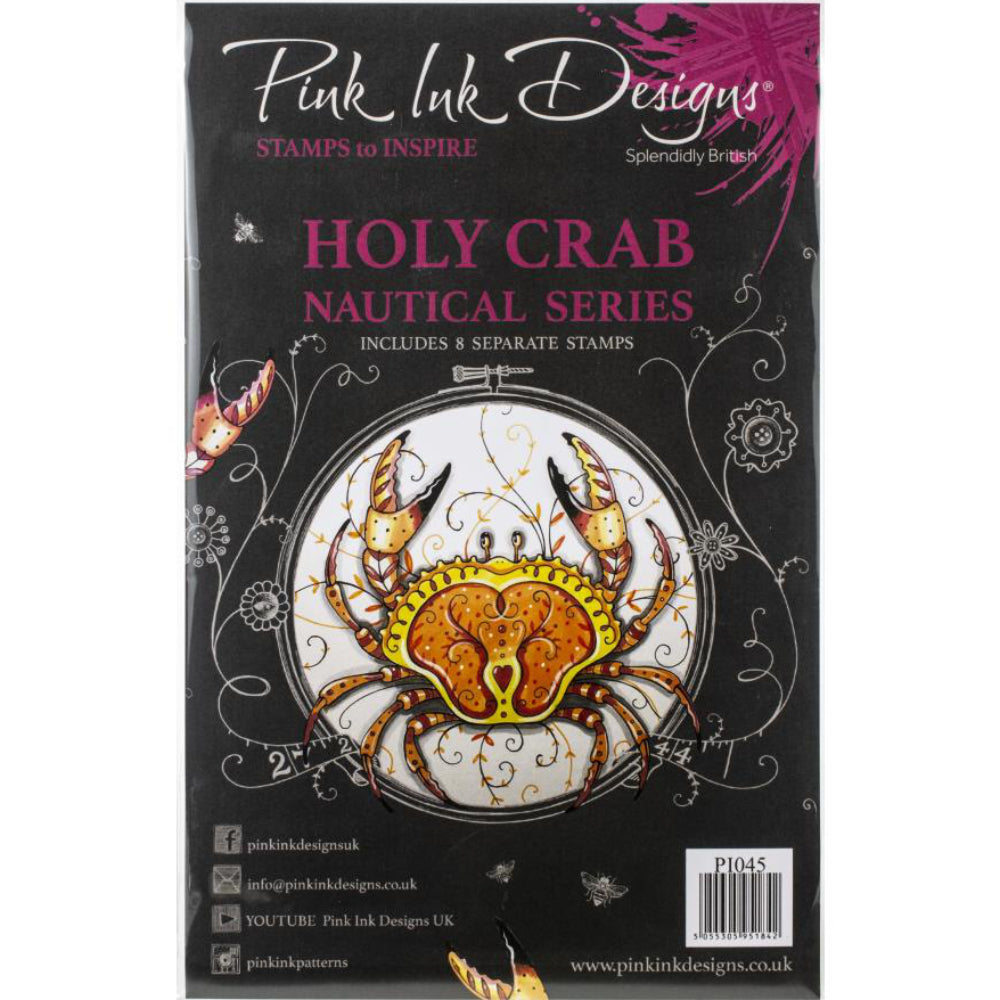 Holy Crab - by Pink Ink Designs (Pi045) ... Set of 8 nautical clear cling stamps to use in papercrafts, scrapbooking, cardmaking, textile arts and other crafty projects.
This beautiful set of stamps features amazing detailed crabs, one viewed from above and the other from the front (she's waving and smiling). Another little crab and fish with shells, bubbles and text complete the set.