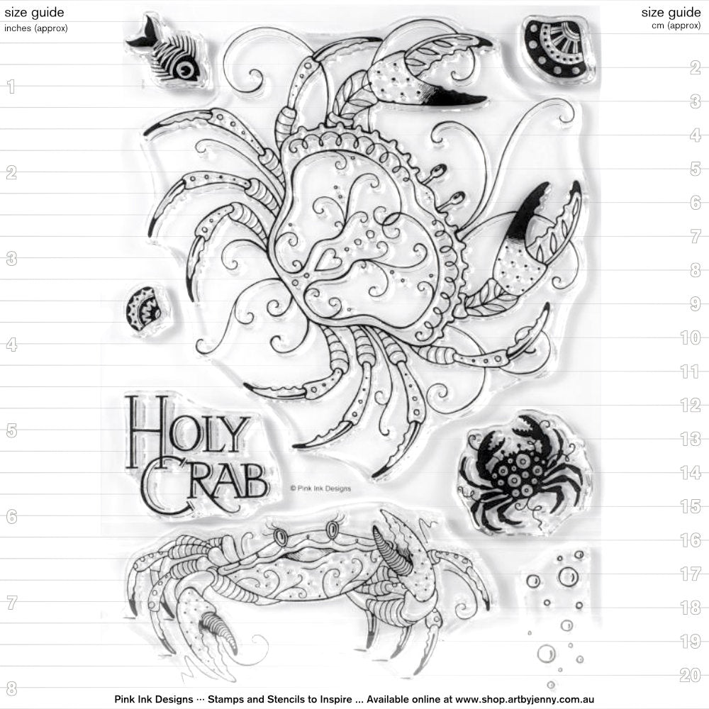 Holy Crab - by Pink Ink Designs (Pi045) ... Set of 8 nautical clear cling stamps to use in papercrafts, scrapbooking, cardmaking, textile arts and other crafty projects.
This beautiful set of stamps features amazing detailed crabs, one viewed from above and the other from the front (she's waving and smiling). Another little crab and fish with shells, bubbles and text complete the set.
