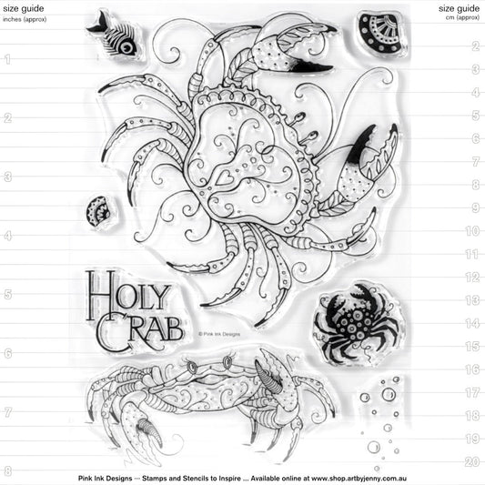 Holy Crab - by Pink Ink Designs (Pi045) ... Set of 8 nautical clear cling stamps to use in papercrafts, scrapbooking, cardmaking, textile arts and other crafty projects.
This beautiful set of stamps features amazing detailed crabs, one viewed from above and the other from the front (she's waving and smiling). Another little crab and fish with shells, bubbles and text complete the set.