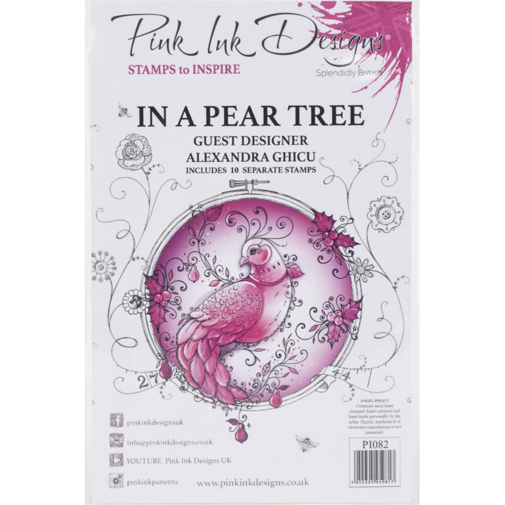 In A Pear Tree - by Pink Ink Designs (Pi082) ... Set of 10 clear cling stamps to use in papercrafts, scrapbooking, cardmaking, textile arts and other crafty projects. Designed by Alexandra Ghicu. This beautiful set of stamps features an amazing bird, a partridge, resting in branches of a pear tree, along with a candle, holly, decorative elements and a phrase 'let it snow' in a loose script.