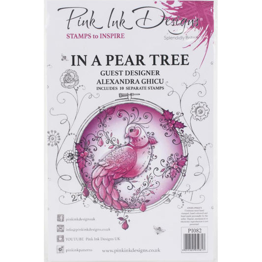 In A Pear Tree - by Pink Ink Designs (Pi082) ... Set of 10 clear cling stamps to use in papercrafts, scrapbooking, cardmaking, textile arts and other crafty projects. Designed by Alexandra Ghicu. This beautiful set of stamps features an amazing bird, a partridge, resting in branches of a pear tree, along with a candle, holly, decorative elements and a phrase 'let it snow' in a loose script.