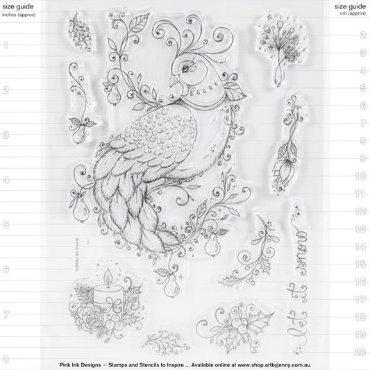 In A Pear Tree - by Pink Ink Designs (Pi082) ... Set of 10 clear cling stamps to use in papercrafts, scrapbooking, cardmaking, textile arts and other crafty projects. Designed by Alexandra Ghicu.
This beautiful set of stamps features an amazing bird, a partridge, resting in branches of a pear tree, along with a candle, holly, decorative elements and a phrase 'let it snow' in a loose script.
