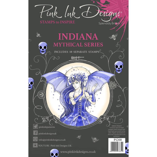 Indiana - by Pink Ink Designs (Pi200) ... Set of 10 clear cling stamps from the mythical series to use in papercrafts, scrapbooking, cardmaking, textile arts and other crafty projects. This beautiful set of stamps features a fairy-batgirl with wonderful outstretched batwings along with a skull, crescent moon, trio of flying bats, stars, hanging star and phrases - Let's be weird together, Happiness is being confidently weird.
