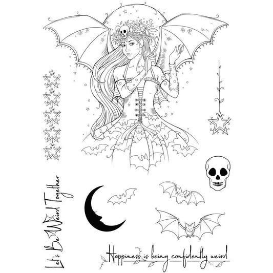 Indiana - by Pink Ink Designs (Pi200) ... Set of 10 clear cling stamps from the mythical series to use in papercrafts, scrapbooking, cardmaking, textile arts and other crafty projects. 
This beautiful set of stamps features a fairy-batgirl with wonderful outstretched batwings along with a skull, crescent moon, trio of flying bats, stars, hanging star and phrases - Let's be weird together, Happiness is being confidently weird.