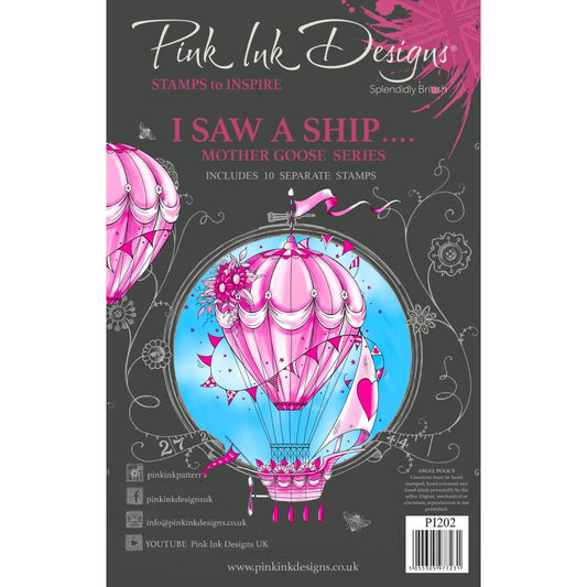 I Saw a Ship - by Pink Ink Designs (Pi202) ... Set of 10 clear cling stamps to use in papercrafts, scrapbooking, cardmaking, textile arts and other crafty projects. This wonderfully illustrated set of stamps features a beautiful hot air balloon with a selection of bases to carry - tiered cake, sailing ship, little cottage, basket with ribbons and fruit.