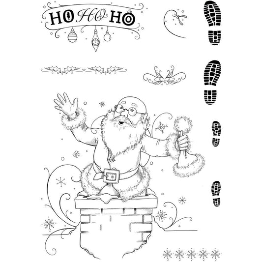 Just Be-Claus - by Pink Ink Designs (Pi121) ... Set of 10 clear cling stamps from the Christmas series to use in papercrafts, scrapbooking, cardmaking, textile arts and other crafty projects. 
This inspiring set of stamps features a wonderful jolly Father Christmas standing inside a brick chimney holding his hat / beanie together with footsteps of boot prints, snowflakes and other decorative elements.