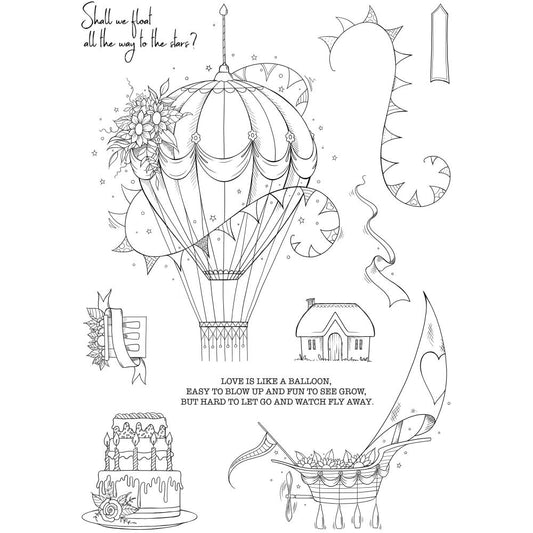 Pink Ink Designs - I Saw A Ship pi202 - This wonderfully illustrated set of stamps features a beautiful hot air balloon with a selection of bases to carry - tiered cake, sailing ship, little cottage, basket with ribbons and fruit. Other stamps are a string of flags or bunting, arrow label or flag, ribbon flying in a breeze and phrase, Shall we float all the way to the stars?, in a delicate light script.