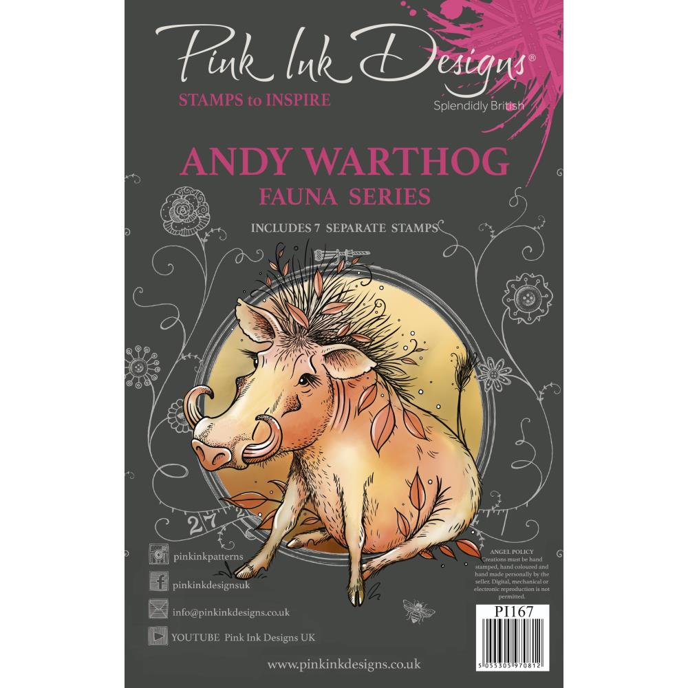 Andy Warthog - by Pink Ink Designs (Pi167), Fauna Series ... Set of 7 (seven) clear cling stamps to use in papercrafts, scrapbooking, cardmaking, textile arts and other crafty projects. This fun beautiful set of stamps features a wonderful warthog sitting around with wild hair, curved tusks and leaves attached everywhere. She (or he) has a mini-me silhouette standing, a decorative strip, a retro pattern star/snowflake, sprig of leaves, her/his name written in uppercase and a fun quote