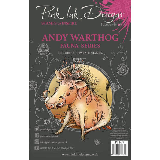 Andy Warthog - by Pink Ink Designs (Pi167), Fauna Series ... Set of 7 (seven) clear cling stamps to use in papercrafts, scrapbooking, cardmaking, textile arts and other crafty projects. This fun beautiful set of stamps features a wonderful warthog sitting around with wild hair, curved tusks and leaves attached everywhere. She (or he) has a mini-me silhouette standing, a decorative strip, a retro pattern star/snowflake, sprig of leaves, her/his name written in uppercase and a fun quote