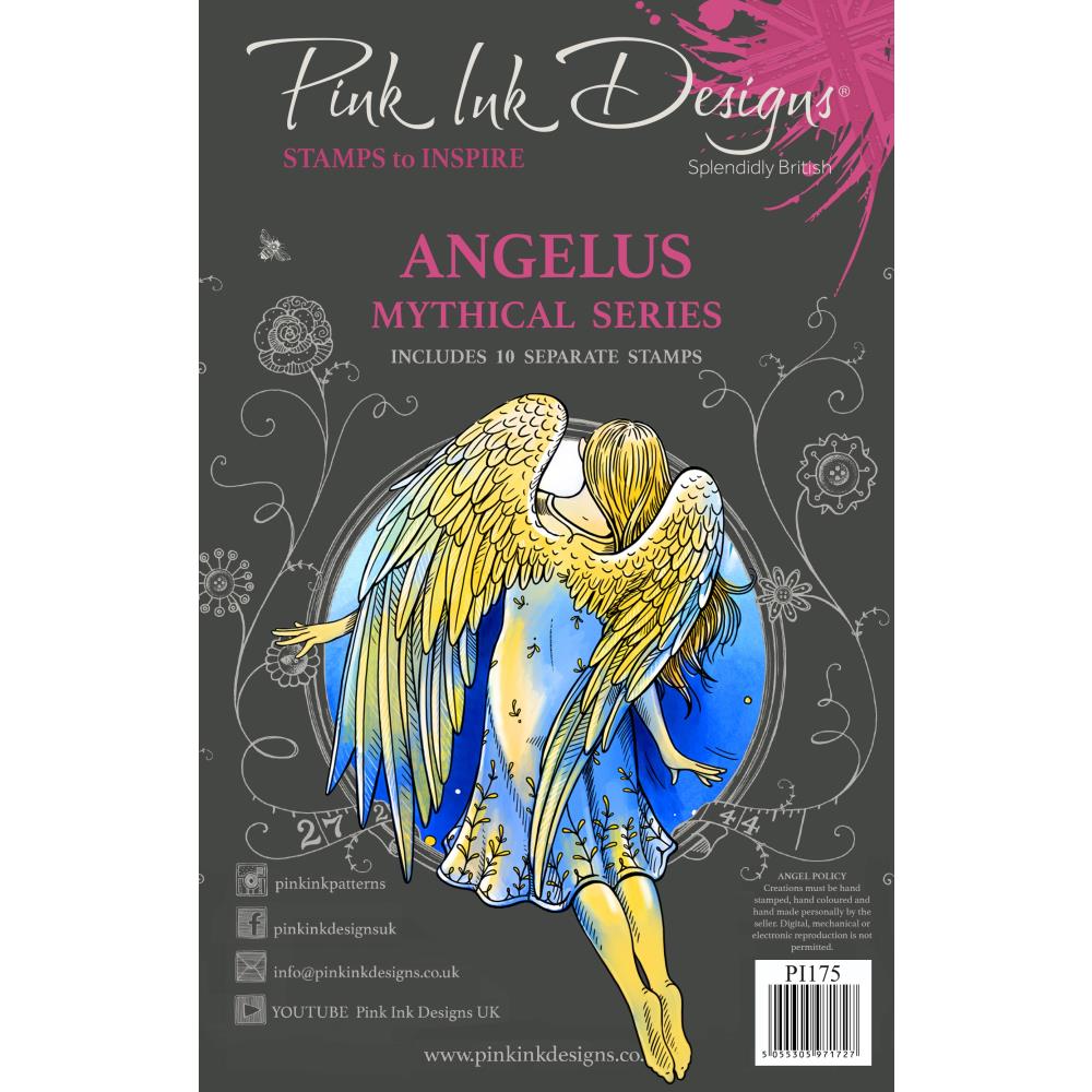 Angelus - by Pink Ink Designs (Pi175) ... Set of 10 (ten) clear cling stamps to use in papercrafts, scrapbooking, cardmaking, textile arts and other crafty projects. Mythical Series.
This set of stamps features a wonderful angel with beautiful feathery wings flying away from you the artist, towards (or through) a ring of sparkly stars. This set also includes 3 fluffy clouds, two delicate tendril fronds, a star with sparkles and three heartfelt sayings.