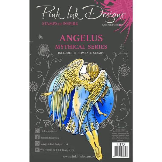 Angelus - by Pink Ink Designs (Pi175) ... Set of 10 (ten) clear cling stamps to use in papercrafts, scrapbooking, cardmaking, textile arts and other crafty projects. Mythical Series.
This set of stamps features a wonderful angel with beautiful feathery wings flying away from you the artist, towards (or through) a ring of sparkly stars. This set also includes 3 fluffy clouds, two delicate tendril fronds, a star with sparkles and three heartfelt sayings.