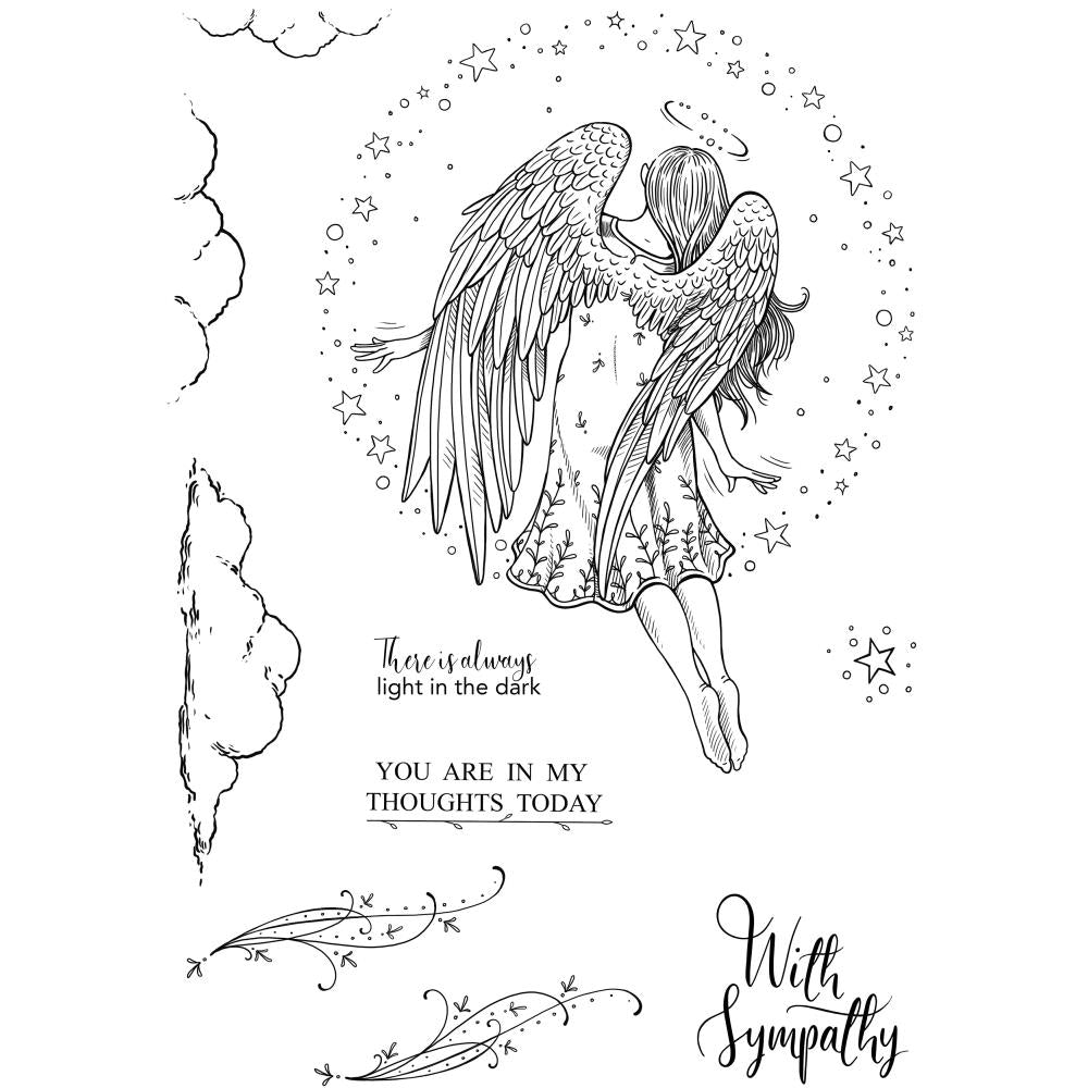 Angelus - by Pink Ink Designs (Pi175) ... Set of 10 (ten) clear cling stamps to use in papercrafts, scrapbooking, cardmaking, textile arts and other crafty projects. Mythical Series.
This set of stamps features a wonderful angel with beautiful feathery wings flying away from you the artist, towards (or through) a ring of sparkly stars. This set also includes 3 fluffy clouds, two delicate tendril fronds, a star with sparkles and three heartfelt sayings.