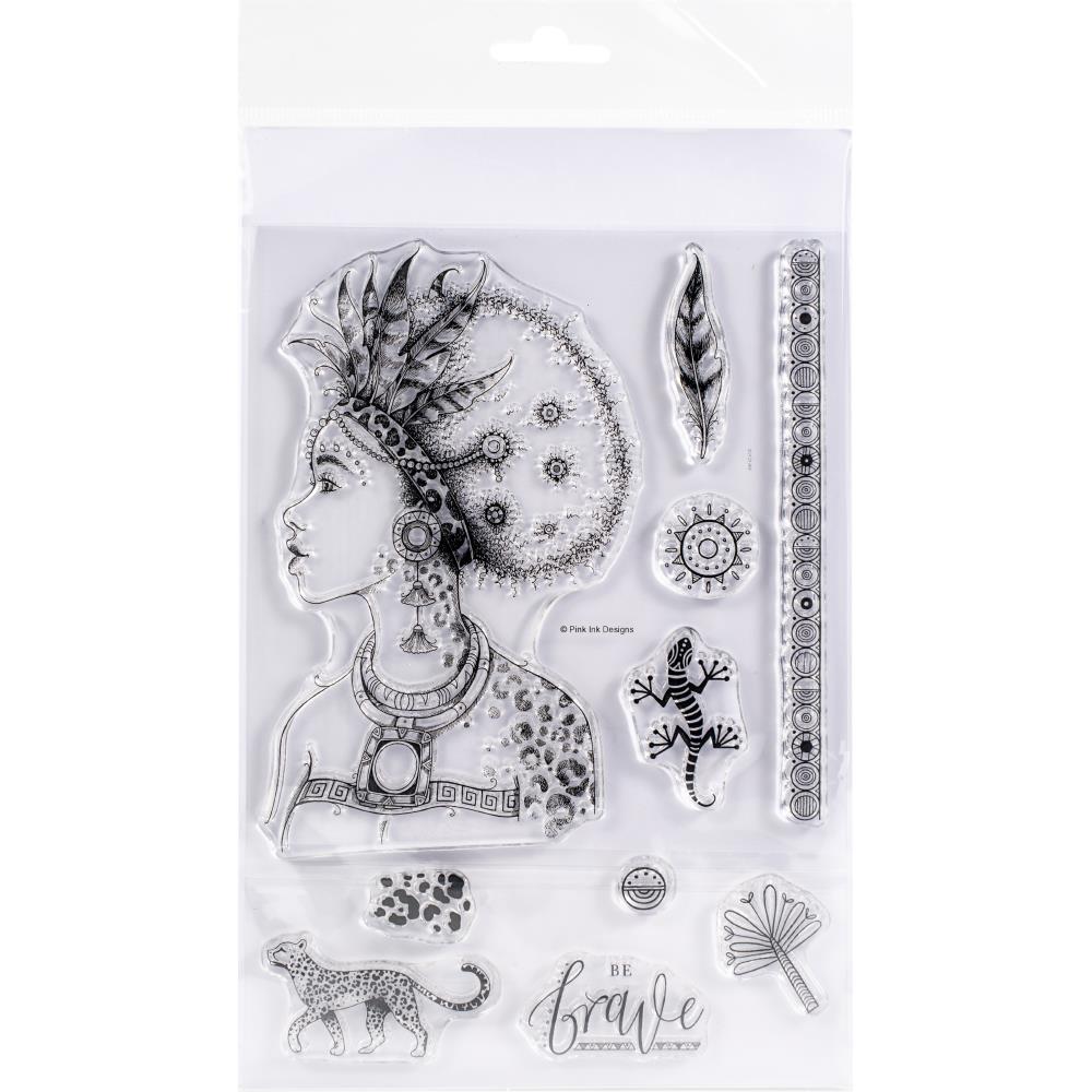 African Queen (Women of the World)- by Pink Ink Designs (Pi104) ... Set of 10 (ten) clear cling stamps to use in papercrafts, scrapbooking, cardmaking, textile arts and other crafty projects. 
This set of stamps features a beautiful sideview head and shoulders portrait of a woman with feathered headdress, necklace, earings. She looks stunning, strong and brave! Other amazing stamps in this set are a feather, sun, gecko (lizard), leopard, leopard print, abstract patterns.