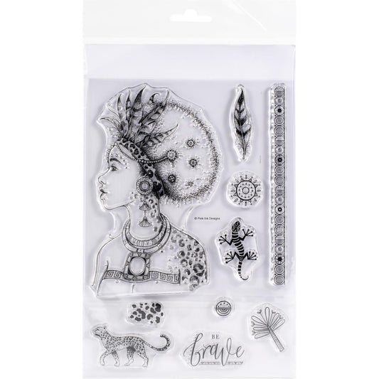 African Queen (Women of the World)- by Pink Ink Designs (Pi104) ... Set of 10 (ten) clear cling stamps to use in papercrafts, scrapbooking, cardmaking, textile arts and other crafty projects. 
This set of stamps features a beautiful sideview head and shoulders portrait of a woman with feathered headdress, necklace, earings. She looks stunning, strong and brave! Other amazing stamps in this set are a feather, sun, gecko (lizard), leopard, leopard print, abstract patterns.