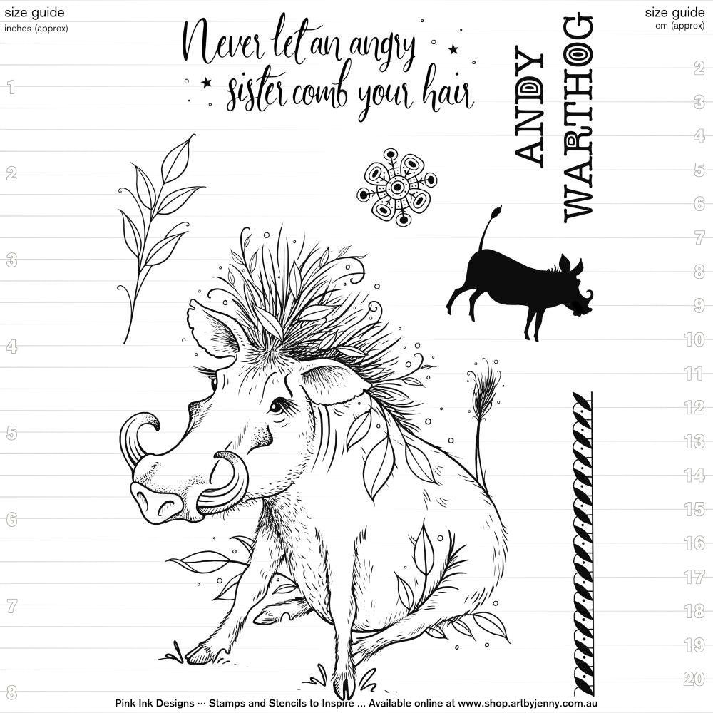 Andy Warthog - by Pink Ink Designs (Pi167), Fauna Series ... Set of 7 (seven) clear cling stamps to use in papercrafts, scrapbooking, cardmaking, textile arts and other crafty projects. This fun beautiful set of stamps features a wonderful warthog sitting around with wild hair, curved tusks and leaves attached everywhere. She (or he) has a mini-me silhouette standing, a decorative strip, a retro pattern star/snowflake, sprig of leaves, her/his name written in uppercase and a fun quote