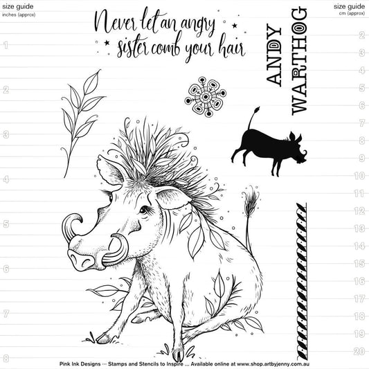 Andy Warthog - by Pink Ink Designs (Pi167), Fauna Series ... Set of 7 (seven) clear cling stamps to use in papercrafts, scrapbooking, cardmaking, textile arts and other crafty projects. This fun beautiful set of stamps features a wonderful warthog sitting around with wild hair, curved tusks and leaves attached everywhere. She (or he) has a mini-me silhouette standing, a decorative strip, a retro pattern star/snowflake, sprig of leaves, her/his name written in uppercase and a fun quote