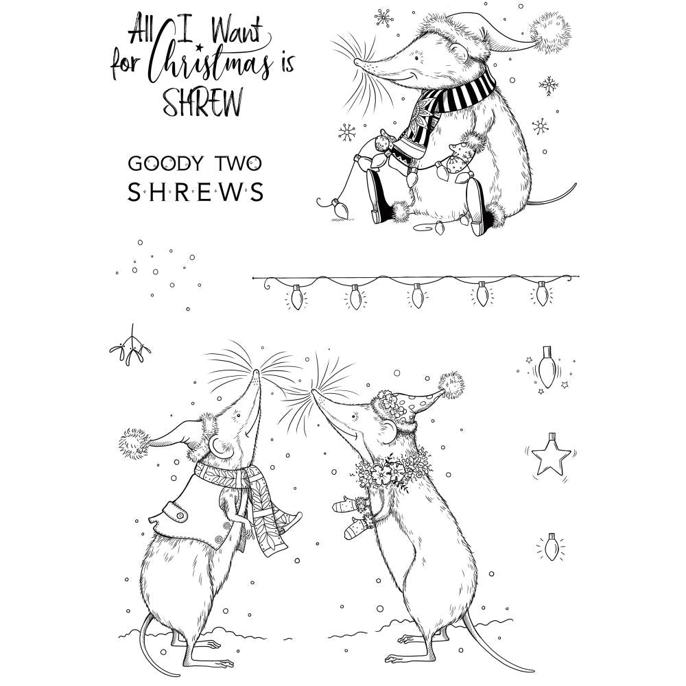 All I Want for Christmas is Shrew - by Pink Ink Designs UK (Pi181) ... Set of 10 (ten) clear cling stamps to use in papercrafts, scrapbooking, cardmaking, textile arts and other crafty projects. 
This adorable set of stamps features beautiful shrews (like a mouse with long nose and short tail) wearing Wintery attire and playing with snow and fairy lights. Perfect for Christmas, winter fun, seasonal festivities!