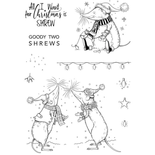 All I Want for Christmas is Shrew - by Pink Ink Designs UK (Pi181) ... Set of 10 (ten) clear cling stamps to use in papercrafts, scrapbooking, cardmaking, textile arts and other crafty projects. 
This adorable set of stamps features beautiful shrews (like a mouse with long nose and short tail) wearing Wintery attire and playing with snow and fairy lights. Perfect for Christmas, winter fun, seasonal festivities!