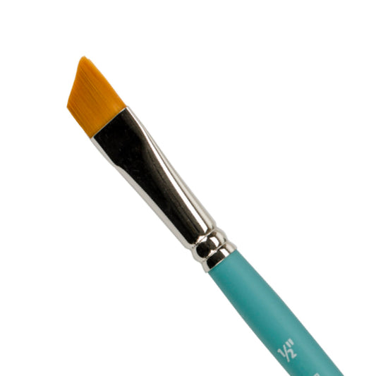 Angular Shader Paint Brush, 1/2" wide - Princeton Select. durable high quality all media paintbrush to use for decorating, painting, papercrafts, mixed media, visual arts. One brush with blue wooden handle, silver ferrules, flexible angled synthetic bristles, half inch wide (1/2" or 12mm). Angled brushes are fantastic for blending, shaping faces, petals or leaves, painting a varied fine and thick line, filling in areas, tipping into small areas... its such a great shape for a brush.