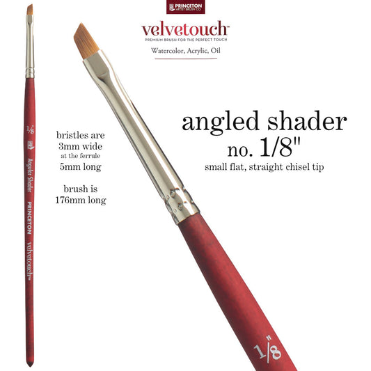 Angular Shader, 1/8" (one eighth inch) - Velvetouch All Media Paint Brush by Princeton... artist quality paint brush with flexible synthetic bristles as a flat brush angled to a straight chisel tip. Wooden handle with a velvety, lightweight and balanced feel. Ideal for painting, crafting, visual arts.
