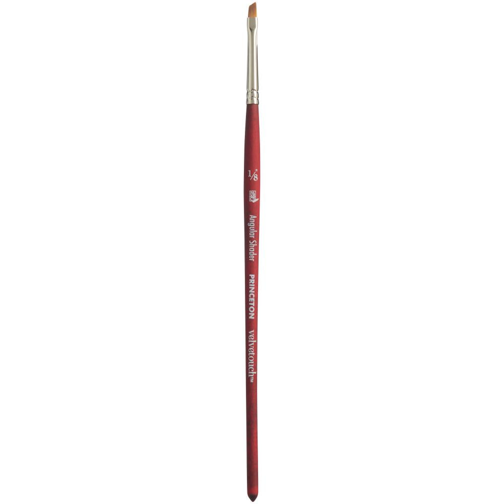 Angular Shader, 1/8" (one eighth inch) - Velvetouch All Media Paint Brush by Princeton... artist quality paint brush with flexible synthetic bristles as a flat brush angled to a straight chisel tip. Wooden handle with a velvety, lightweight and balanced feel. Ideal for painting, crafting, visual arts.