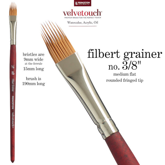 Filbert Grainer, 3/8" - Velvetouch All Media Paint Brush by Princeton... artist quality paint brush with flexible synthetic bristles in a flat brush-head with a tapered, rounded oval tip that is refined into a comb, with toothy gaps. Wooden handle with a velvety, lightweight and balanced feel. Ideal for painting, crafting, visual arts.
