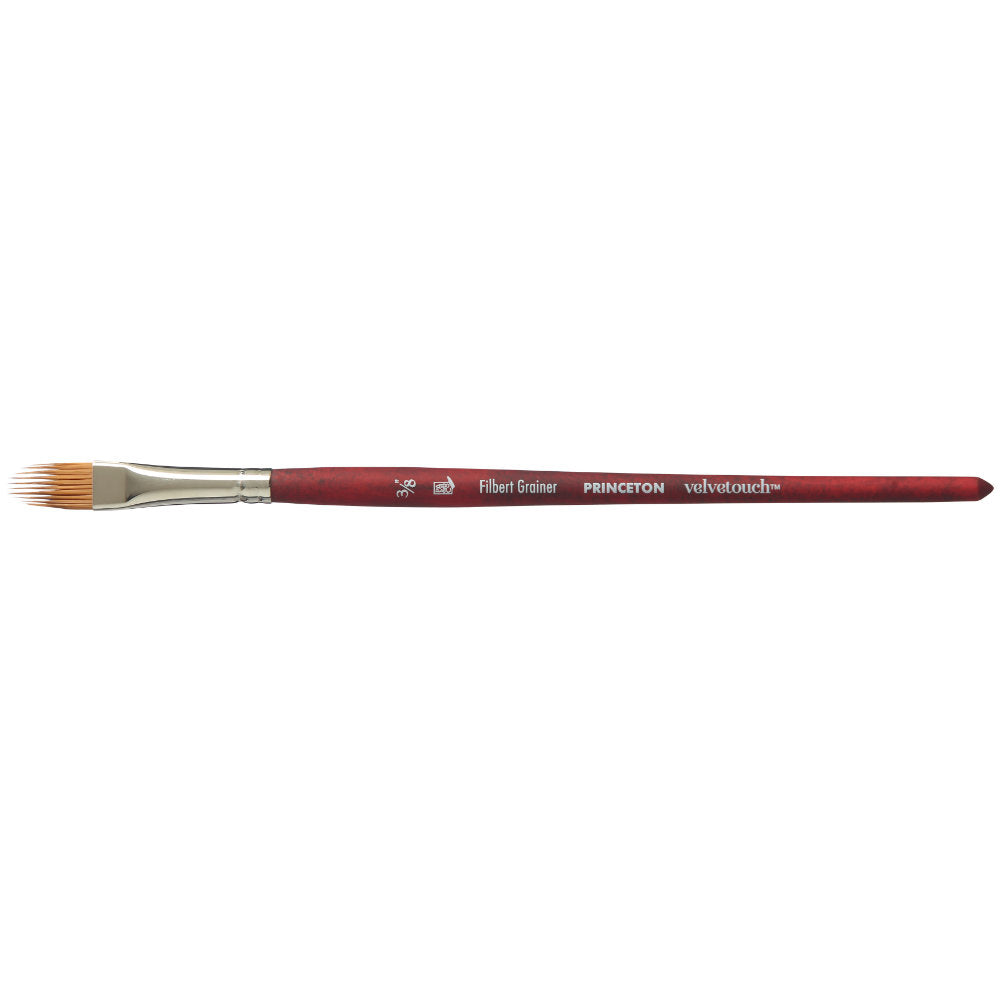 Filbert Grainer, 3/8" - Velvetouch All Media Paint Brush by Princeton... artist quality paint brush with flexible synthetic bristles in a flat brush-head with a tapered, rounded oval tip that is refined into a comb, with toothy gaps. Wooden handle with a velvety, lightweight and balanced feel. Ideal for painting, crafting, visual arts.