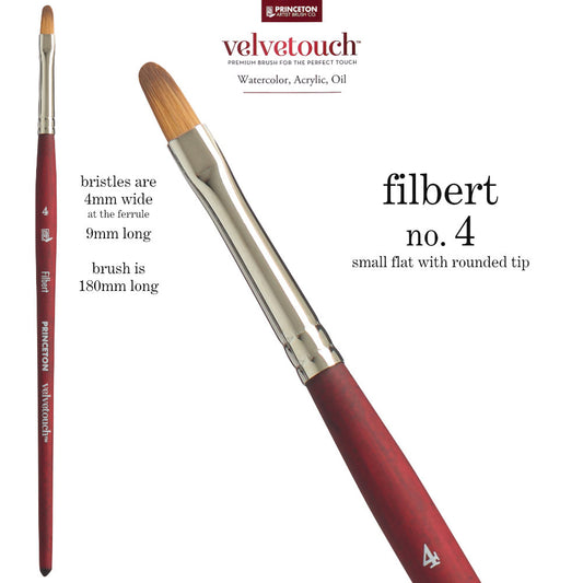 Filbert no.4 - Velvetouch All Media Paint Brush by Princeton... artist quality paint brush with flexible synthetic bristles in a flat brush-head with a tapered, rounded oval tip. Wooden handle with a velvety, lightweight and balanced feel. Ideal for acrylic, watercolour, inks and oil paints, crafts, mixed media, visual arts.