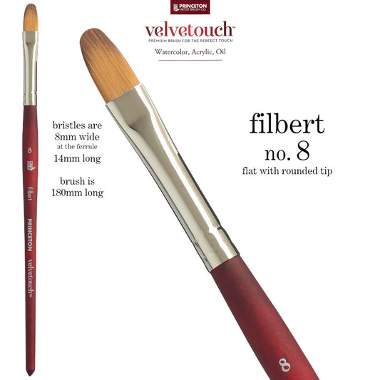 Filbert no.8 - Velvetouch All Media Paint Brush by Princeton... artist quality paint brush with flexible synthetic bristles in a flat brush-head with a tapered, rounded oval tip. Wooden handle with a velvety, lightweight and balanced feel. Ideal for acrylic, watercolour, inks and oil paints, crafts, mixed media, visual arts.