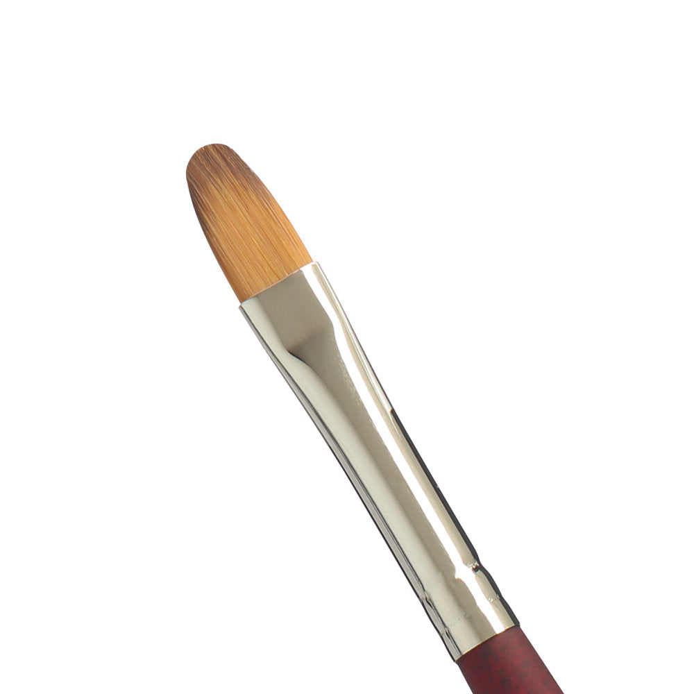 Filbert no.8 - Velvetouch All Media Paint Brush by Princeton... artist quality paint brush with flexible synthetic bristles in a flat brush-head with a tapered, rounded oval tip. Wooden handle with a velvety, lightweight and balanced feel. Ideal for painting, crafting, visual arts. Closeup photo.
