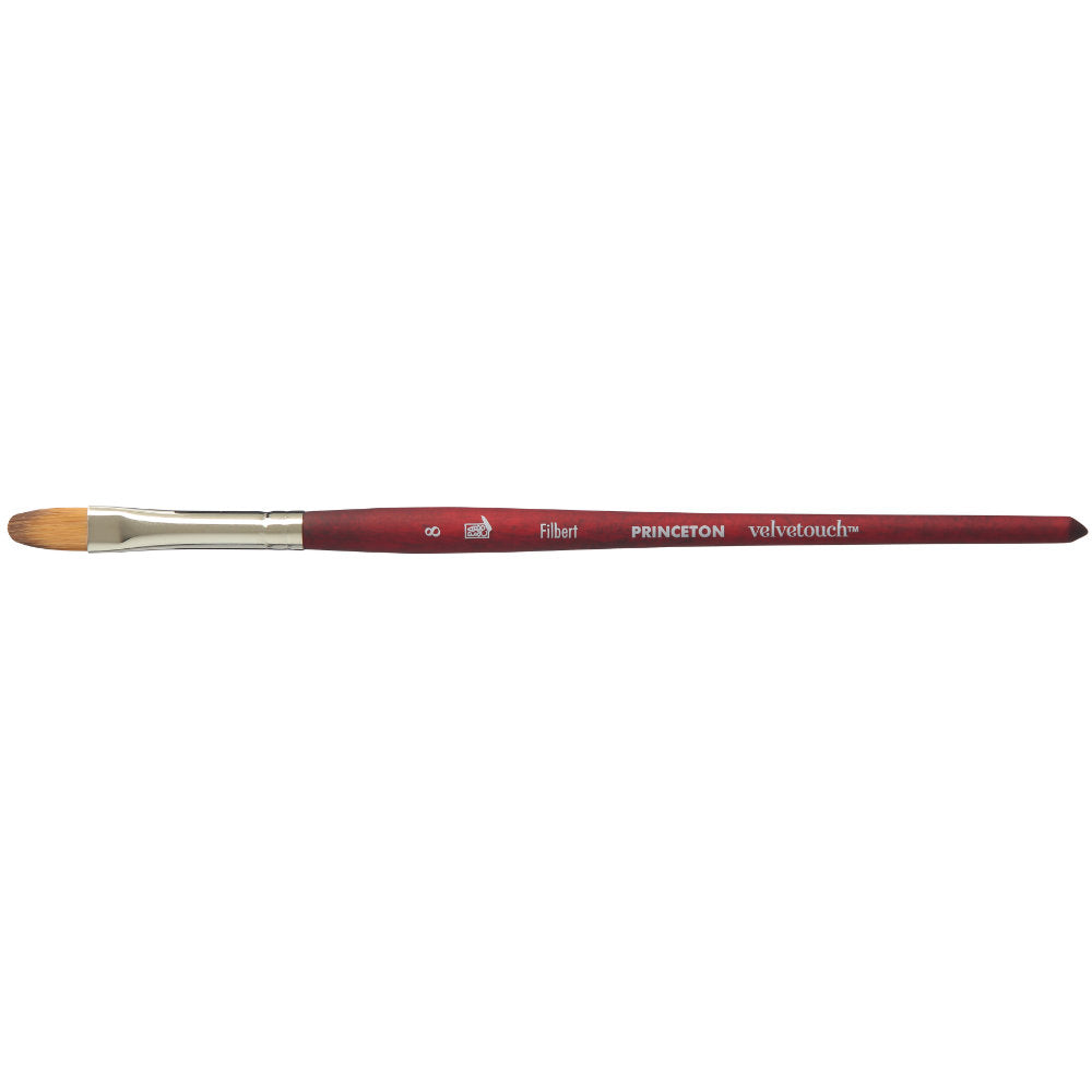 Filbert no.8 - Velvetouch All Media Paint Brush by Princeton... artist quality paint brush with flexible synthetic bristles in a flat brush-head with a tapered, rounded oval tip. Wooden handle with a velvety, lightweight and balanced feel. Ideal for painting, crafting, visual arts.