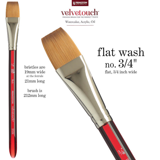 Flat Wash, 3/4" - Velvetouch All Media Paint Brush by Princeton... artist quality paint brush with flexible synthetic bristles with flat straight chisel tip, 3/4inch, 19mm wide. Red acrylic handle with a lightweight and balanced feel finished with a rust resistant metal ferrule and shaped handle end. Ideal for acrylic paint, watercolour, inks, oils, mixed media, visual arts.
