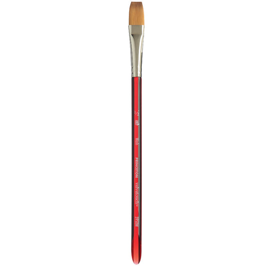 Flat Wash, Half Inch - Velvetouch All Media Paint Brush by Princeton... artist quality paint brush with flexible synthetic bristles in a flat brush-head with a tapered straight tip. Acrylic red handle with a smooth, lightweight and balanced feel. Ideal for painting, crafting, visual arts.