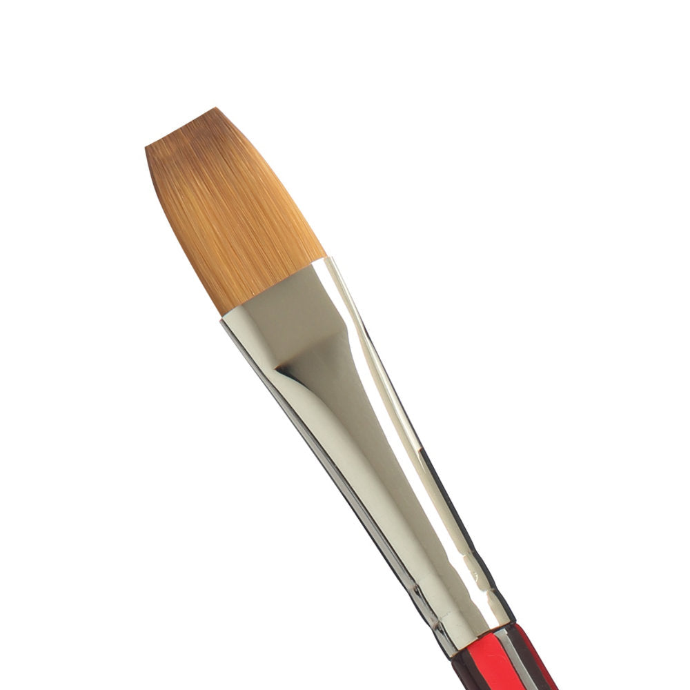 close up photograph of Flat Wash, Half Inch - Velvetouch All Media Paint Brush by Princeton... artist quality paint brush with flexible synthetic bristles in a flat brush-head with a tapered straight tip. Acrylic red handle with a smooth, lightweight and balanced feel. Ideal for painting, crafting, visual arts.