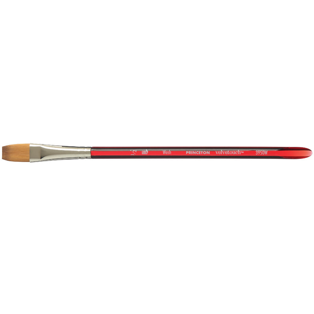 Flat Wash, Half Inch - Velvetouch All Media Paint Brush by Princeton... artist quality paint brush with flexible synthetic bristles in a flat brush-head with a tapered straight tip. Acrylic red handle with a smooth, lightweight and balanced feel. Ideal for painting, crafting, visual arts.