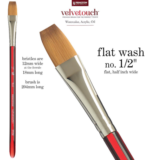 Flat Wash, 1/2" - Velvetouch All Media Paint Brush by Princeton... artist quality paint brush with flexible synthetic bristles with flat straight chisel tip, 1/2 inch, 12mm wide. Red acrylic handle with a lightweight and balanced feel finished with a rust resistant metal ferrule and shaped handle end. Ideal for acrylic paint, watercolour, inks, oils, mixed media, visual arts.
